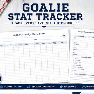 May include: A two-page Goalie Stat Tracker printable with dark blue text on white paper. The first page features a Goalie Game-by-Game Stats table, while the second page includes Season Totals, Milestones, and a section for Season Highlights.