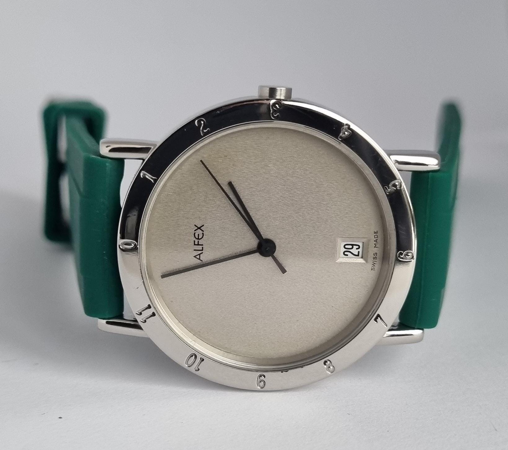 Vintage 1990 Swiss ALFEX 5381 Design Kato Silver Dial Men's Quartz