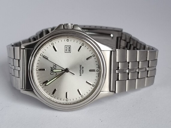 Vintage Deense INEX CC1502 saffier WR100 zilveren wijzerplaat heren quartz horloge met dag Etsy Nederland