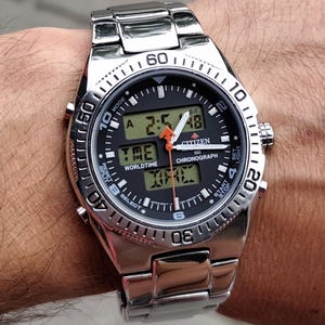 Gorgeous Vintage 2000 Citizen C460-R30215 World Time Chronograph Black Dial Men&#39;s Quartz Watch