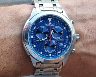 Rare Vintage Swiss HAAS & Cie MFH3224JY Blue Dial Men's Quartz Chronograph Watch