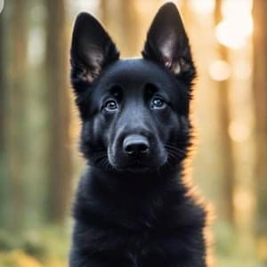 Peut inclure: Un chiot berger allemand noir est assis dans un cadre forestier, sa fourrure sombre contrastant avec l'arrière-plan flou. Le chiot a des oreilles dressées et attentives et un regard concentré, avec une touche de bleu dans les yeux. L'image est bien éclairée.