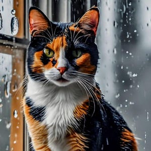 Op de afbeelding: Een calico kat met zwart, oranje en wit bont zit bij een raam met regendruppels op het glas. De kat heeft groene ogen en kijkt recht in de camera.