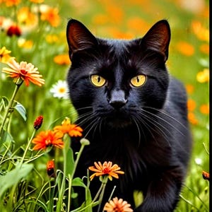 Puede incluir: Un elegante gato negro con brillantes ojos amarillos mira hacia adelante, rodeado de un vibrante campo de flores naranjas y amarillas. El pelaje brillante del gato contrasta con las coloridas flores y el follaje verde.