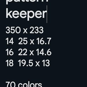 Op de afbeelding: Een zwart-wit afbeelding met de tekst "M valley pattern keeper" en details over het patroon, inclusief de grootte, het aantal kleuren en de pagina's. Het patroon is 350 x 233 cm groot, heeft 70 kleuren en omvat 18 pagina's.