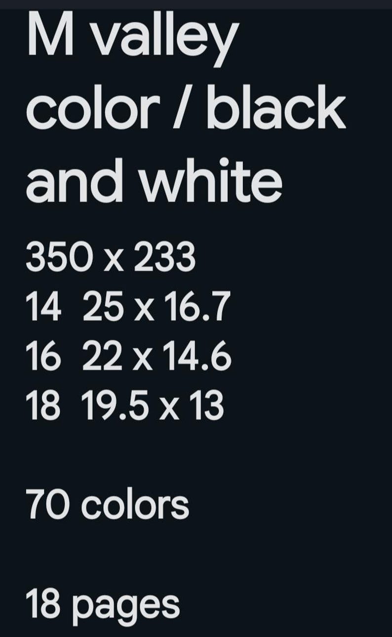 Op de afbeelding: Een zwart-wit afbeelding die de details van een kleurboek laat zien. Het boek is getiteld "M valley color / black and white". Het heeft 70 kleuren en 18 pagina's. De afmetingen zijn 350 x 233, 14 25 x 16.7, 16 22 x 14.6 en 18 19.5 x 13.