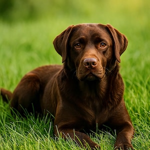 May include: A chocolate brown Labrador Retriever dog lying in green grass. The dog has brown eyes and a brown nose. The dog is looking directly at the camera. The background is blurred green.
