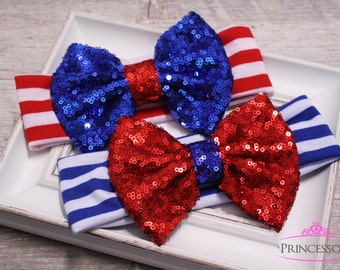 4th of July Headband, American Flag Headband, USA Headband, Sequin Headband, independence day, baby headband, messy bow