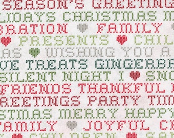 1 Yard, Hustle and Bustle Holiday Words on White, Basic Grey Holiday Fabric from Moda
