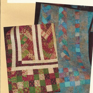 May include: A quilt pattern titled "BABY BRAID" with an approximate size of 45" x 60". The pattern features two quilt designs, one with a patchwork of squares and the other with a braided design. The color palette includes red, green, and blue.