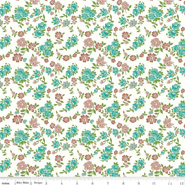 FREE SHIPPING!  One Yard, Riley Blake Granny Chic "Sheets" in Teal, Cotton Fabric, Golden Brown and Blue Floral