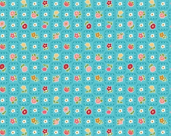 FREE SHIPPING!  One Yard, Riley Blake Granny Chic "Garden" in Blue, Cotton Fabric, Small Squares with Blooms on Blue