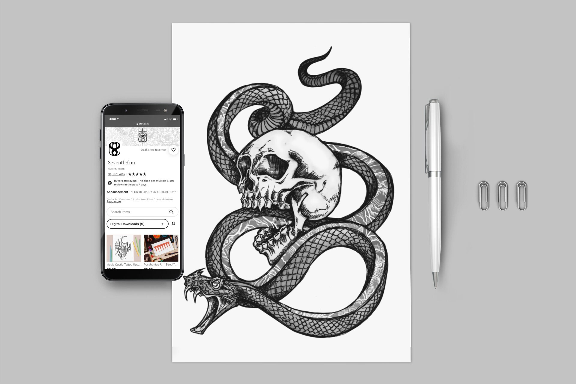 Snake and Skull Tattoo Design Template Digital Download Snake and Skull Tattoo Design Template Digital Download