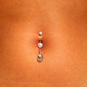 Faux pearl, freshwater pearl, and sterling silver wrapped seaglass Bellybutton ring