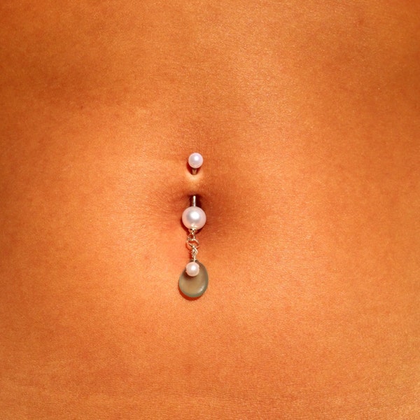 Faux pearl, freshwater pearl, and sterling silver wrapped seaglass Bellybutton ring