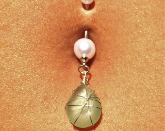 Sterling silver wire wrapped Seaglass and faux pearl Bellybutton ring