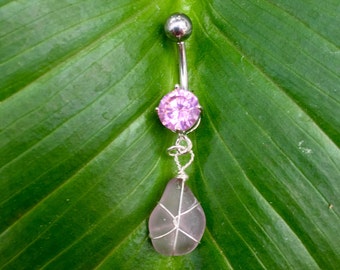 Seaglass wire wrapped in Sterling with Cubic Zirconia Belly Ring