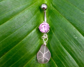 Seaglass wire wrapped in Sterling with Cubic Zirconia Belly Ring