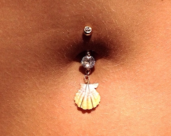 14K gold filled wire wrapped sunrise shell bellybutton ring with gold and crystal bellyring