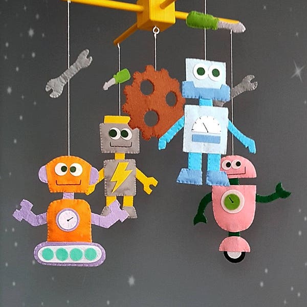 Robots baby crib mobile Nursery Handmade Felt New baby gift mobile Boy mobile Girl mobile Cot mobile