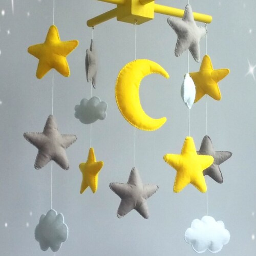 Star Baby Mobile Grey Yellow Nursery Moon Cloud Space Decor Etsy