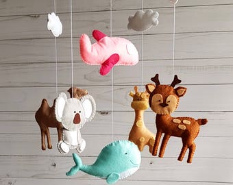 Animals mobile Airplane mobile Baby mobile Baby crib mobile Nursery mobile Pink felt mobile Baby shower gift Baby girl mobile Coustom mobile