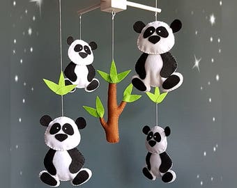 Panda baby crib mobile Nursery Cot Boy shower gift Felt Woodland