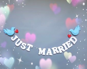 just married white felt banner and blue dove ornament married garland wedding