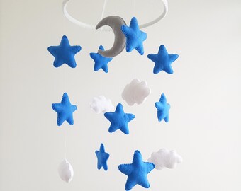 Blue grey baby crib mobile, Star moon Nursery mobile, decor Cloud mobile, neutral Hanging mobile Nursery decoration Choose any color