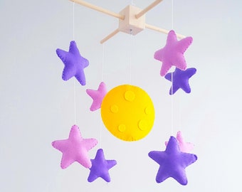 purple felt stars moon baby crib mobile nursery decor Hanging mobile Baby shower gift