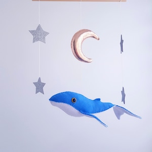 Whale baby crib mobile, Fish crib mobile, Ocean crib mobile, Sea crib mobile,  Under the Sea nursery Gold moon Silver Stars