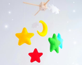 Colorful baby crib mobile Stars Moon Clouds Nursery decor Baby shower gift