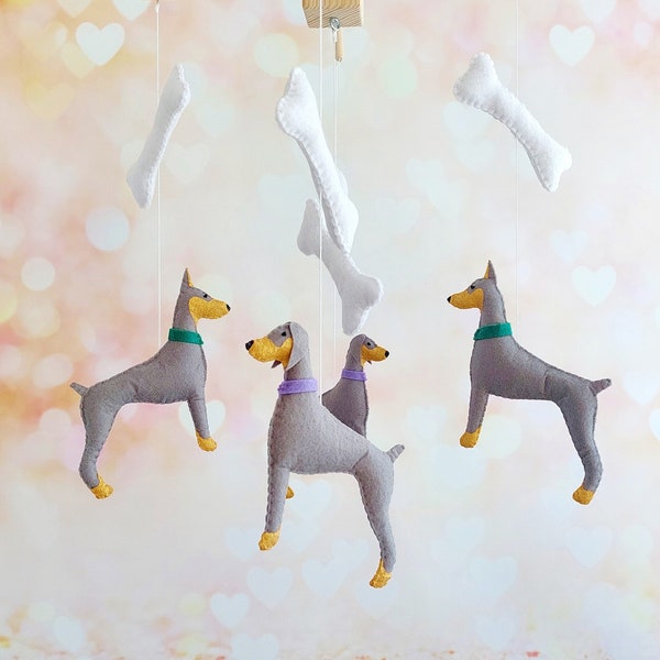 Doberman baby crib mobile, dog nursery mobile, animals cot felt mobile, Hanging mobile, Baby boy mobile, Baby girl mobile