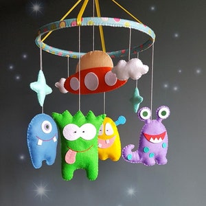 Cute aliens baby crib mobile nursery, Funny monsters baby crib mobile, Felt nursery mobile, Cot Colorful decor baby room image 1