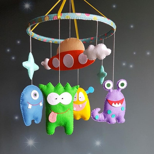 Cute aliens baby crib mobile nursery, Funny monsters baby crib mobile, Felt nursery mobile, Cot Colorful decor baby room