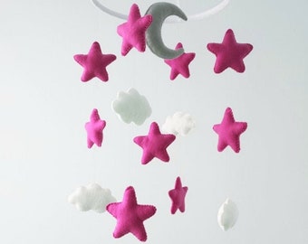 Nursery baby crib mobile pink stars grey moon clouds