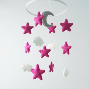 Nursery baby crib mobile pink stars grey moon clouds