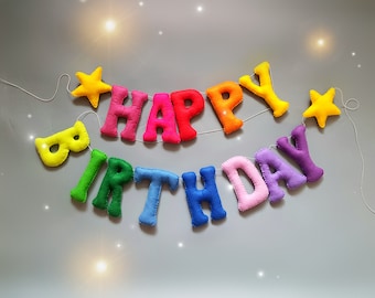 Guirnalda de fieltro de feliz cumpleaños, pancarta de letras de cumpleaños para niños, pancarta personalizada, pancarta arcoíris