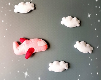 Pink plane clouds felt garland Baby ornaments Girl nursery decor Felt toys Felt ornaments Birthday decorations felt airplane plane toy