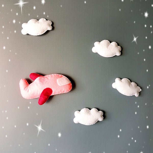 Pink plane clouds felt garland Baby ornaments Girl nursery decor Felt toys Felt ornaments Birthday decorations felt airplane plane toy