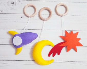 Wooden Play Gym for Baby Felt Rocket Moon Comet Space Galaxy