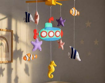 Ocean Baby Crib Mobile, Submarine Fish, Starfish Seahorse, Nautical Sea Nursery Decor, Baby Shower Gift, Neutral Newborn Room Decor