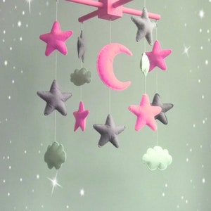 Baby crib mobile Pink grey Star Cloud Moon Cot mobile Felt mobile Nursery Handmade