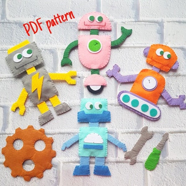 Set Robots toy Pattern, Easy Tutorial toy robot, Felt Robot Pattern tutorial, PDF Easy pattern robot, Robot felt Sewing Pattern, Robot plush