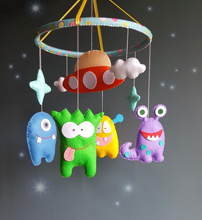 Cute aliens baby crib mobile nursery, Funny monsters baby crib mobile, Felt nursery mobile, Cot Colorful decor baby room image 1