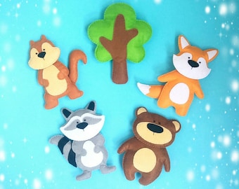 Woodland nursery animals Forest animals Baby toy Stuffed animals Woodland nursery Felt animals Plush animals Raccoon Fox Bear Сhipmunk Tree