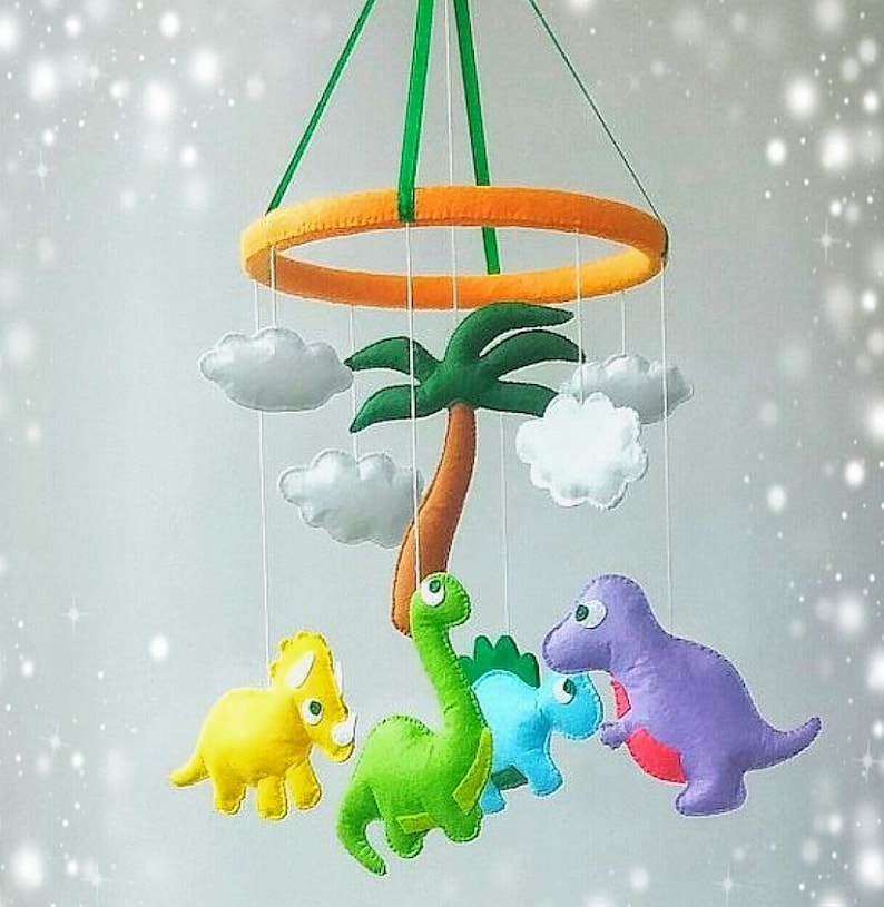 Dinosaur baby crib mobile Nursery decor Jurassic felt handmade mobile cot image 2