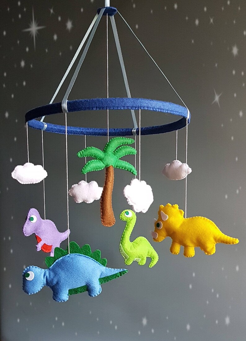 Dinosaur baby crib mobile Nursery decor Jurassic felt handmade mobile cot image 1