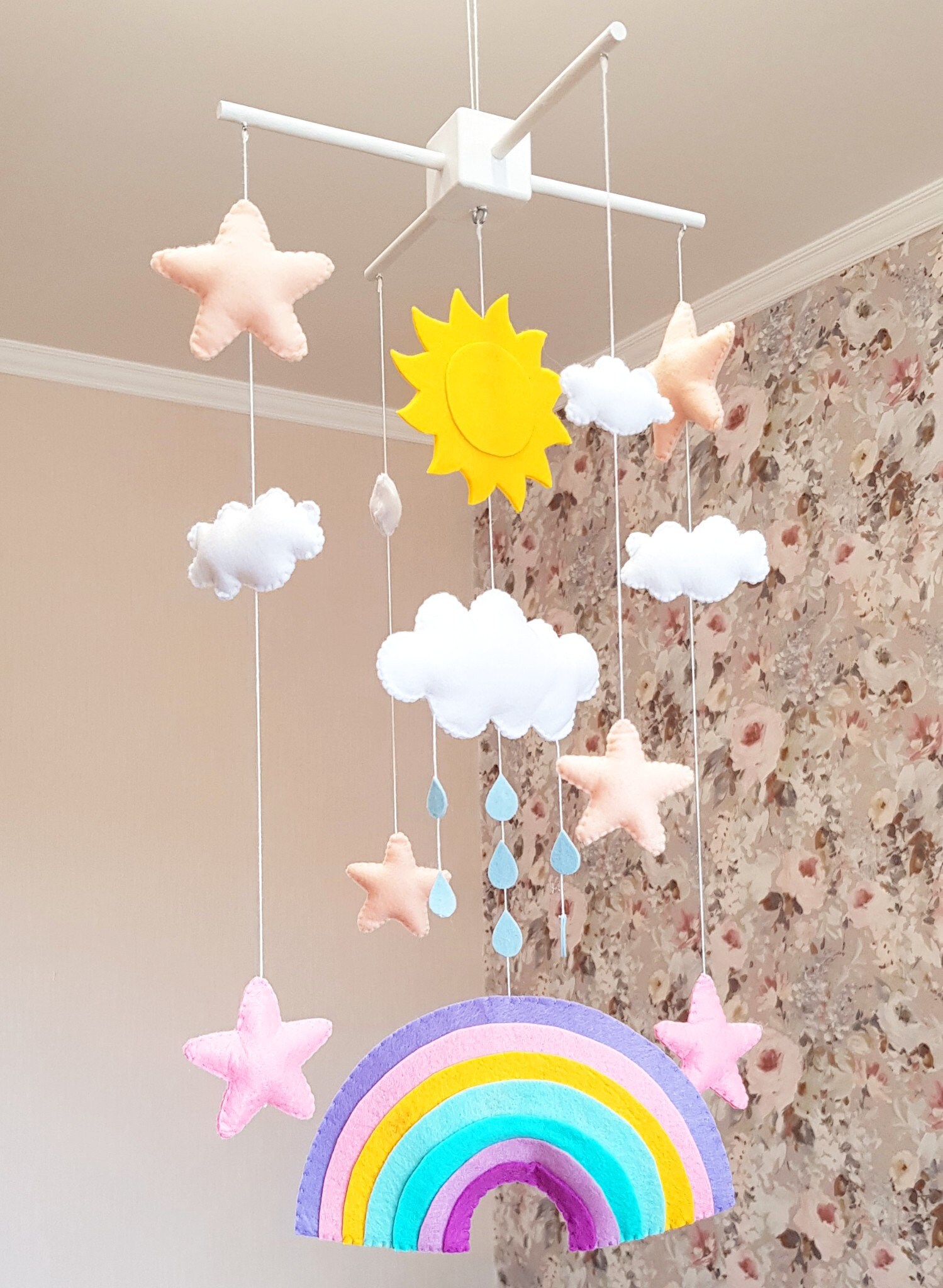 Rainbow nursery mobile crib baby sun clouds Etsy