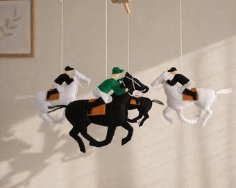 Móvil para cuna, jinete a caballo, decoración infantil en blanco y negro, temática ecuestre, caballos de carreras, móvil para cuna, regalo para recién nacido